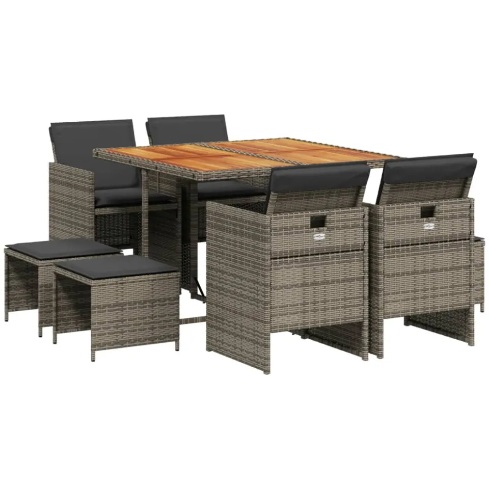 vidaXL 9-delige Tuinset met kussens poly rattan grijs