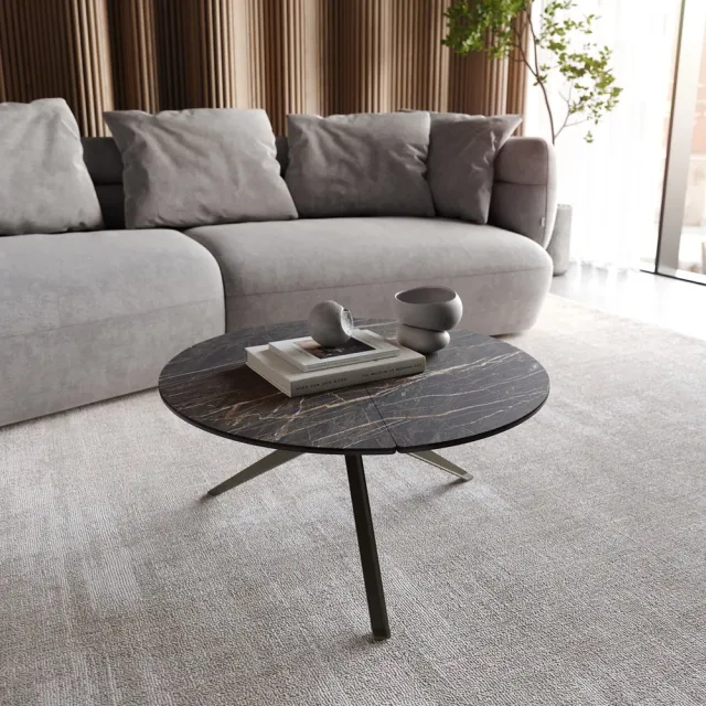 DELIFE Salontafel Delron Keramiek Laminam®Noir Desir Bruin 70x70 cm Kruisvoet vlak metaaleffect Titanium