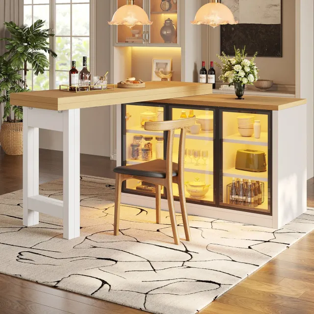 STILVORA Eettafel - Uitschuifbaar En 360 Graden Draaibaar Met Opbergkast En Licht - Voor Keuken En Eetkamer - MDF Glas - Wit - 197x40x72 Cm