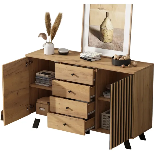 Noventra dressoir - ladekast - opbergkast - met 4 laden en 2 deuren - houtlook - ruimtebesparend - massief houten poten - 120 x 38 x 75 cm