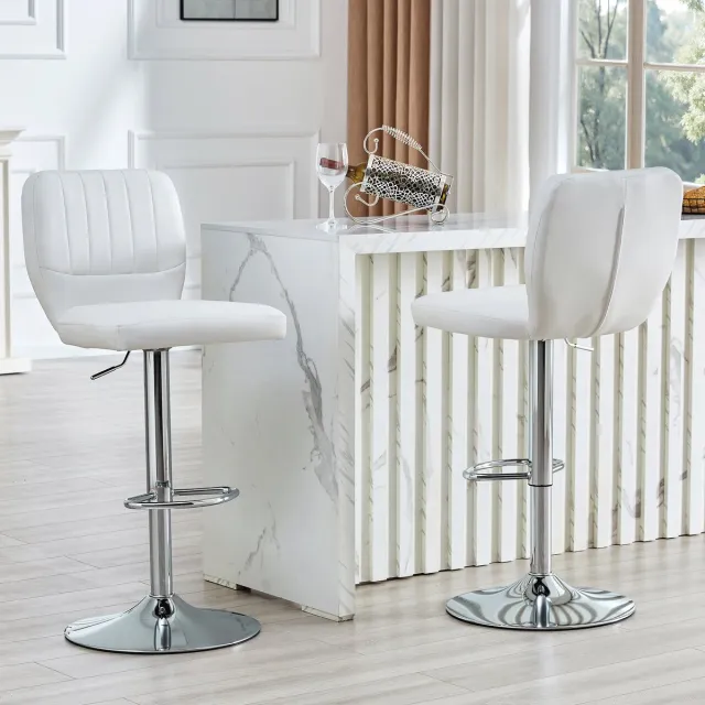 REDOM Barkruk - In Hoogte Verstelbaar En Draaibaar - Modern - Voor Keuken En Bar - Metaal En Kunstleer - Zilver Wit - 52 x 45 x 93-114 cm Zilver+Wit