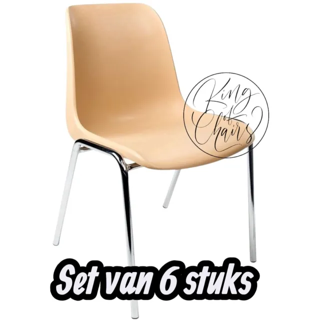 Everardo Kantinestoel Helene Beige -set van 6- verchroomd onderstel kantinestoel stapelstoel kuipstoel vergaderstoel tuinstoel kantine stoel stapel stoel tuin stoel kantinestoelen stapelstoelen kuipstoelen arenastoel schoolstoel bezoekersstoel Everardo Beige zitting met verchroomd onderstel