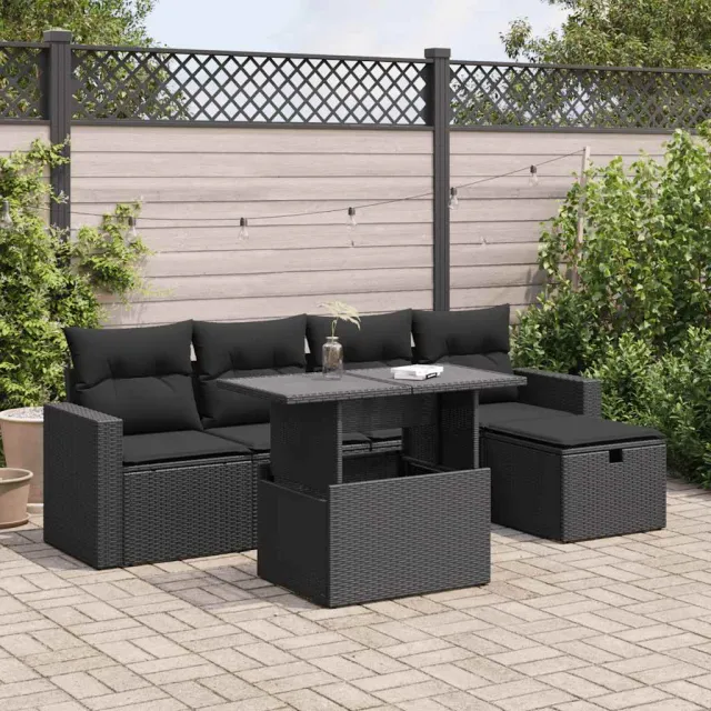 vidaXL 6-delige Loungeset met kussens poly rattan zwart, foto 2