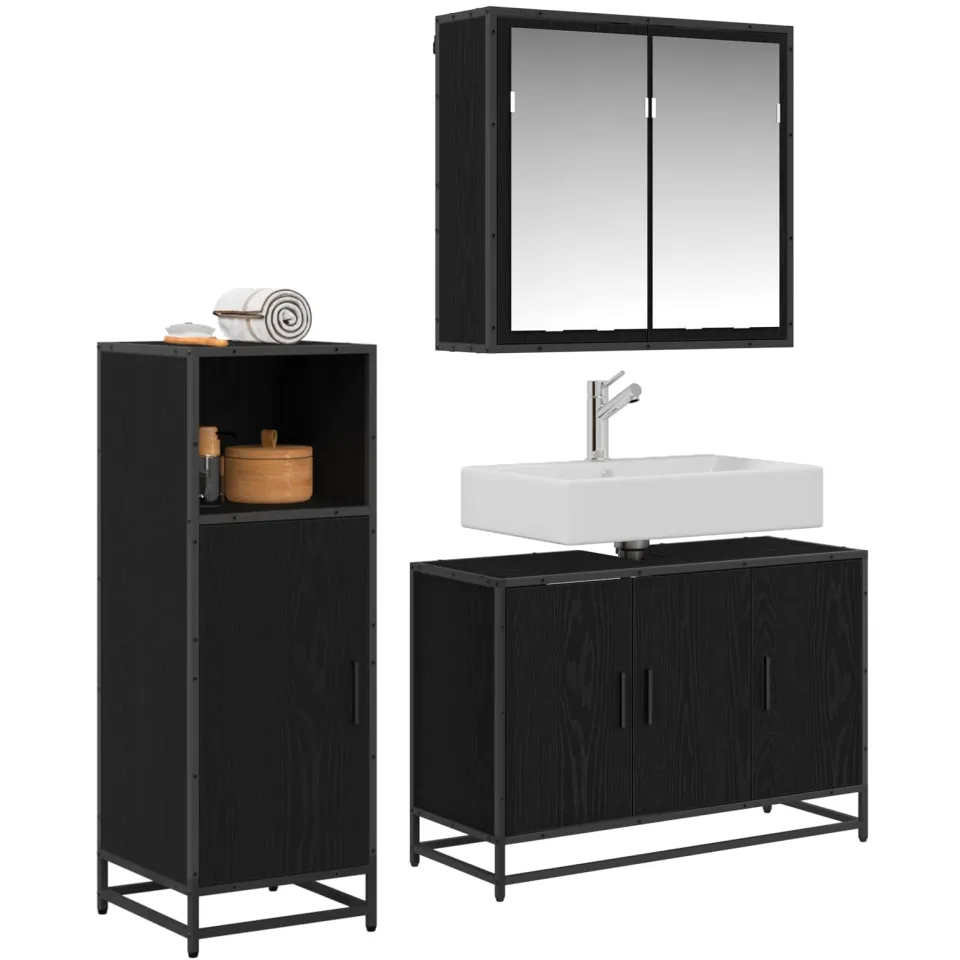 vidaXL Badkamermeubelset 3 st Zwart Eiken 90 x 33 x 60 cm Bewerkt hout, foto 4