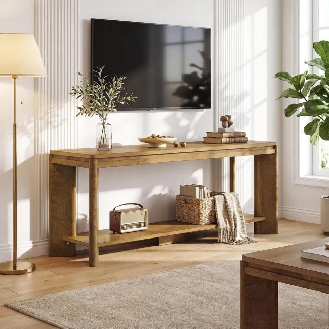Little Trees LITTLE TREE TV-meubel - 160 x 40 x 60 cm - Lowboard voor tv's tot 70 inch - 2‑laags open opbergruimte - Houten tv‑meubel voor woonkamer en slaapkamer - Bruin