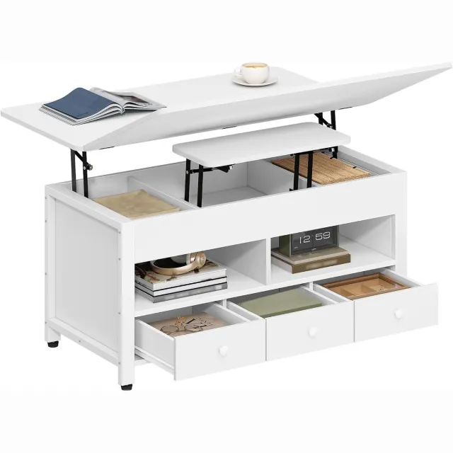 HILINSIE Salontafel, 3-in-1 in hoogte verstelbare salontafel met opklapbaar bovenblad, met 3 lades grote opbergruimte, 100 × 50 × 47 cm uitschuifbaar (100 × 63 cm) voor woonkamer/kantoor, wit Woonkamertafel, koffietafel, thuiskantoor