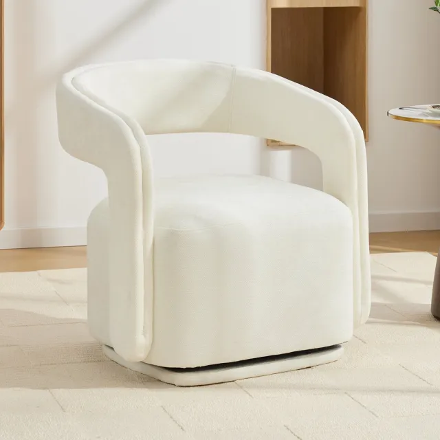 MUVANO Draaifauteuil - Chenille loungestoel - Comfortabele accentstoel - Ronde zitting - 70x65,5x74cm - 360 graden draaibaar - Woonkamer en leeshoek Wit