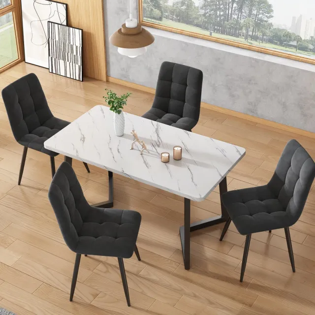 MODFU Eettafel - Rechthoekig - Modern - MDF-Marmerlook - Zwart Wit - 117 X 68 X 75 Cm