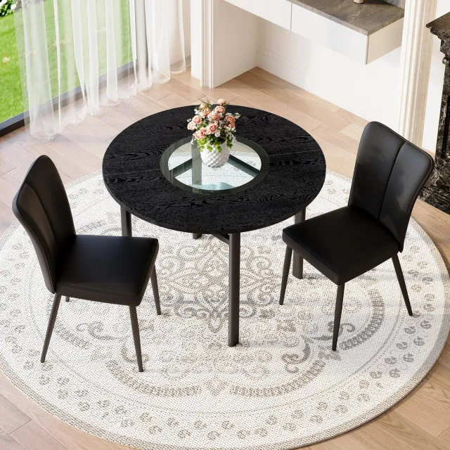 MODENUIT Eettafelset 100 cm - Ronde Tafel Met Glasinleg En 2 Stoelen - Voor Eetkamer - MDF, Glas, Metaal - Zwart