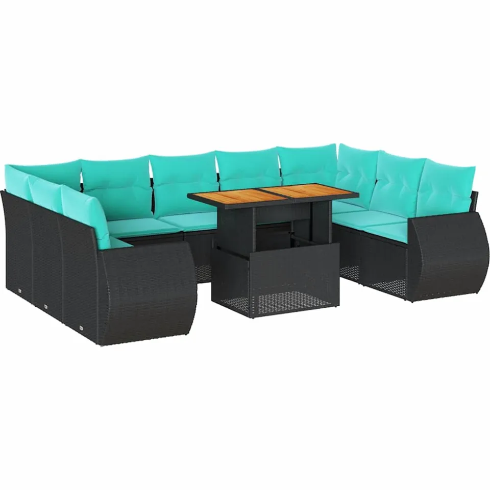 vidaXL 10-delige Loungeset met kussens poly rattan zwart