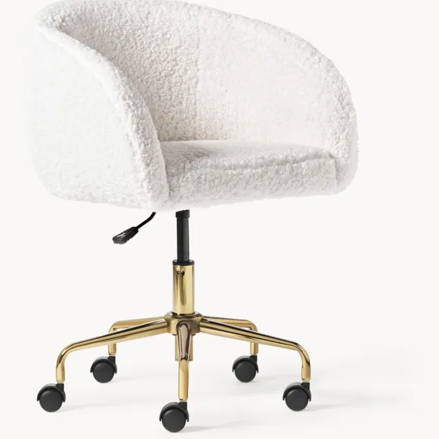 Westwing Collection In hoogte verstelbare teddy draaistoel Emmie Wit, Goudkleurig