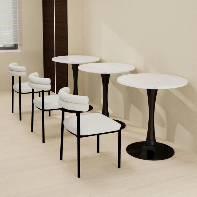 COVREO Eettafel 70x70x72 cm – wit marmerlook fineer, zwart onderstel, rond tafelblad voor 2-4 personen