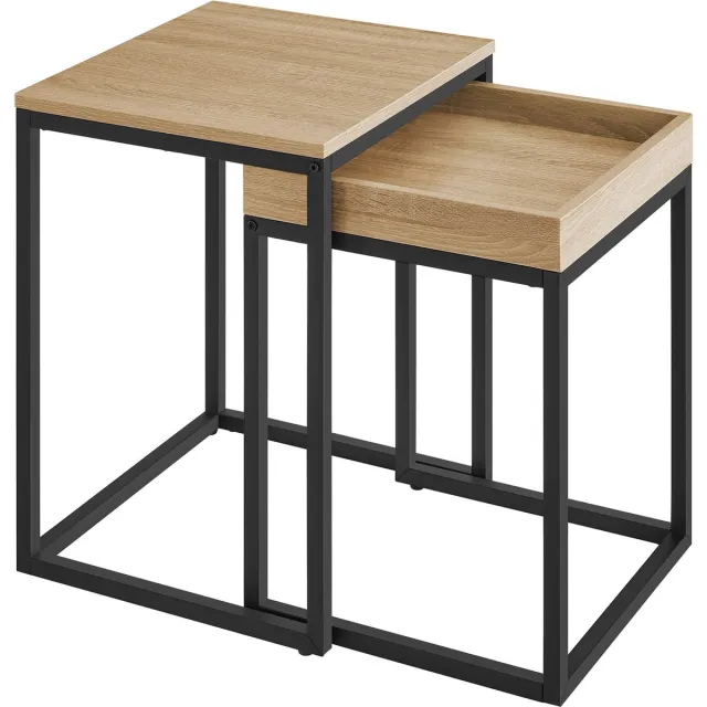 LEOBERT Bijzettafels SONOMA - Set van 2, Industriële Stijl, Stalen Frame, Kleur: Eiken Sonoma en Zwart, 55 x 45 x 40 cm, 51 x 40 x 38 cm