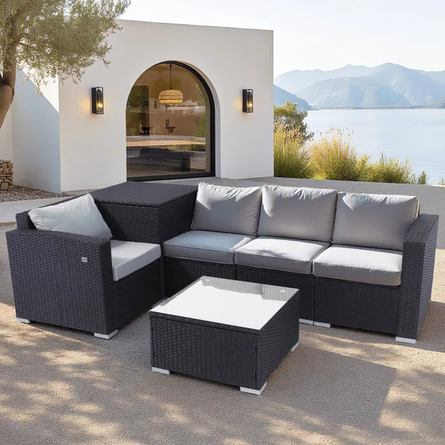 HOMAVO Tuinmeubelset voor 4 personen - Twee armstoelen en twee eenpersoons loungestoelen - Tafel met glazen blad - Inclusief opbergbox en beschermhoes - geschikt voor de tuin, het balkon en het terras Zwart