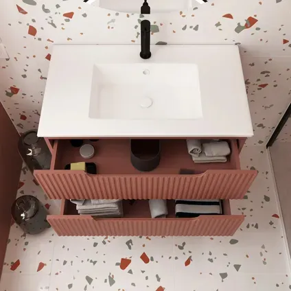 Aurlane Wastafelonderkast Emilien 50cm - Terracotta Mat - Met 2 Lades - Met Mat Witte Wastafel, foto 4