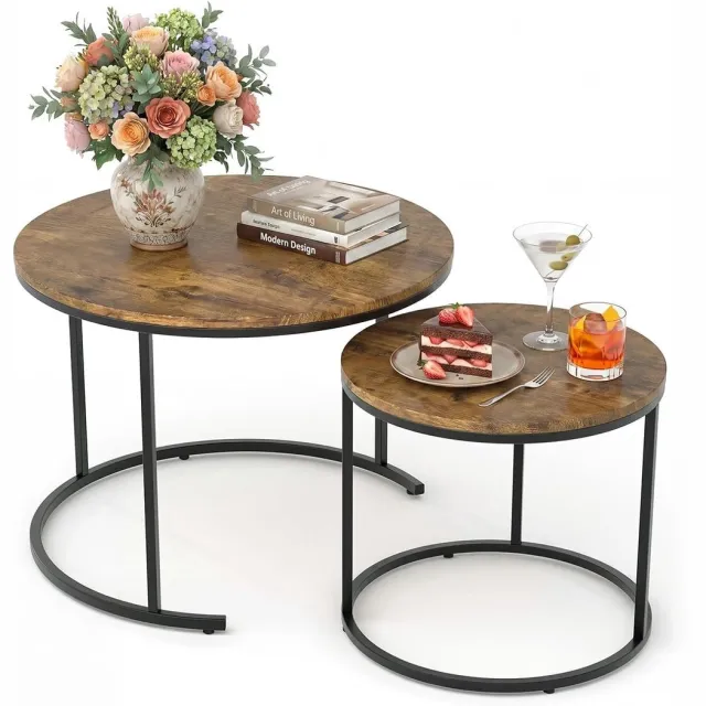 HOERFURIY Salontafel Set van 2 - Nesting Tafels Rond - bruin met Zwart Metalen Frame - Ø 60 cm & Ø 40 cm - Industriële Bijzettafels voor Woonkamer & Slaapkamer