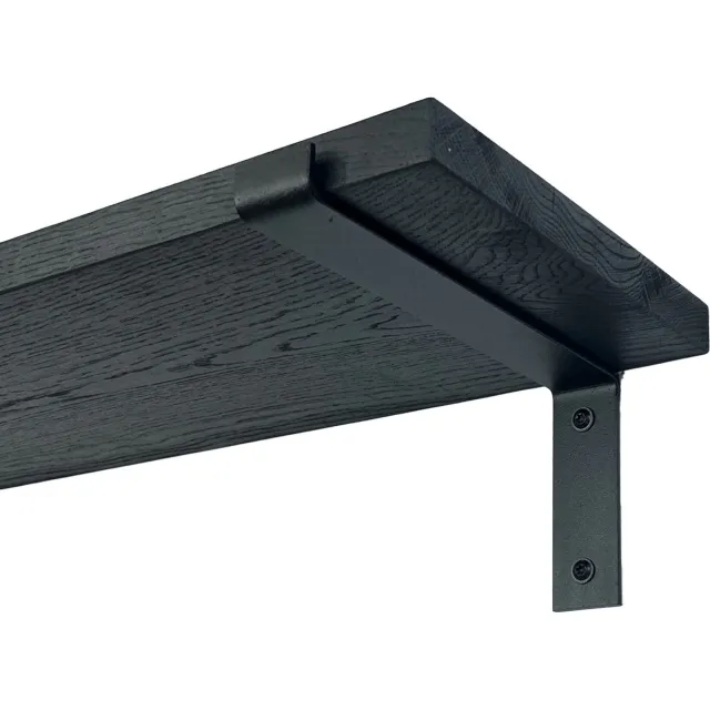 GoudmetHout Wandplank Industrieel - 180 x 25 cm Muurplank - Zwart Eiken Hout - Decoratie Wandrek & Boekenrek - Hangplank Keuken - Wall Shelf + 2 Mat Zwarte Plankdragers van Staal