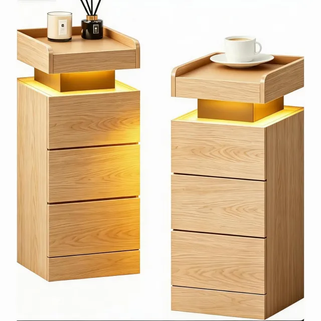 HOERFURIY Nachtkastje set van 2 stuks 25×30×60 cm, naturel houtkleur, met sfeervolle LED-verlichting en 3 opberglades voor de slaapkamer