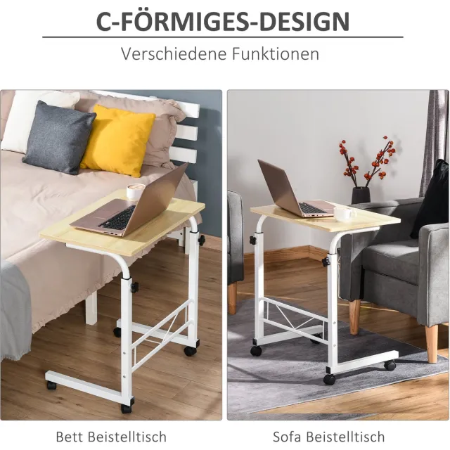Wishdor C-vormige bijzettafel, hoogteverstelbaar 68–78 cm, mobiel met 4 wielen en remmen, Maple staal/spaanplaat Esdoorn