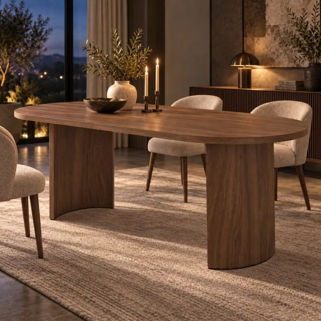 HAUSS SPOLE Eettafel - Voor 6 tot 8 Personen met Afgeronde Hoeken - Gebogen Tafelpoten voor de Eetkamer - MDF - Walnootkleur - 200x90x75 cm