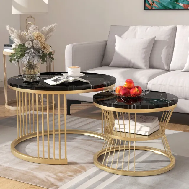 Solvenrik Ronde Salontafel Set van 2 – Marmerlook Nesting Tafels met Gouden Metalen Frame – Luxe MDF Koffietafel Set met Opbergplank – Zwart