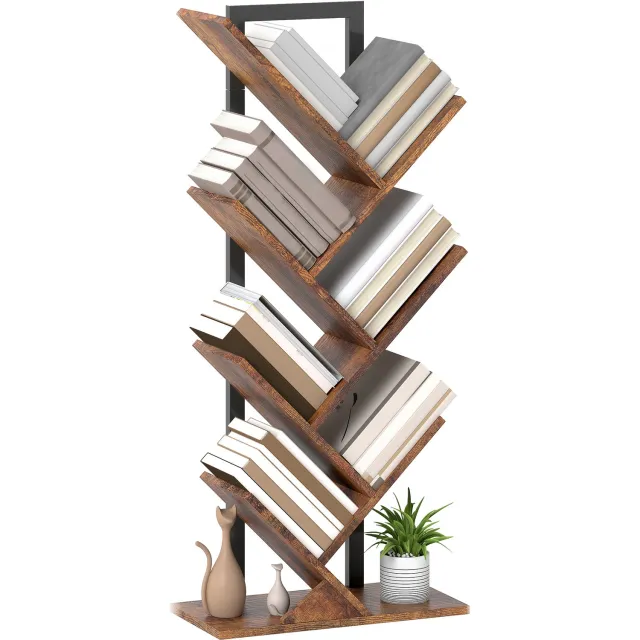 Lunpog Collection Boekenkast- boomvorm- staand rek- hoekrek- ruimtebesparend- opbergrek- slaapkamer- woonkamer- thuiskantoor- 20 x 38 x 115,2 cm- vintage bruin Rustikal-Braun