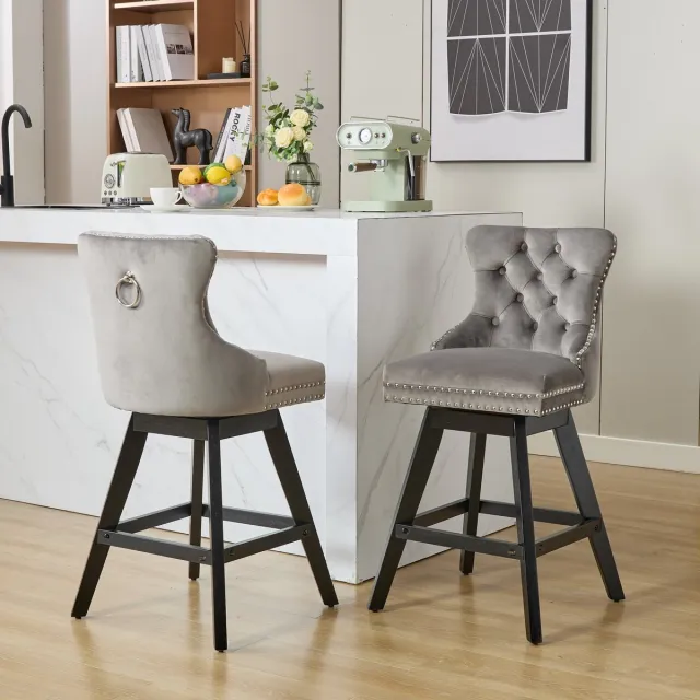 Welltin Eetkamerstoelen - Set van 2 - Draaibare Barstoelen met Gecapitonneerde Rugleuning - Houten Poten - Chrome Nagelrand - Luxe Stoelen voor Keuken Eetkamer Woonkamer - Grijs