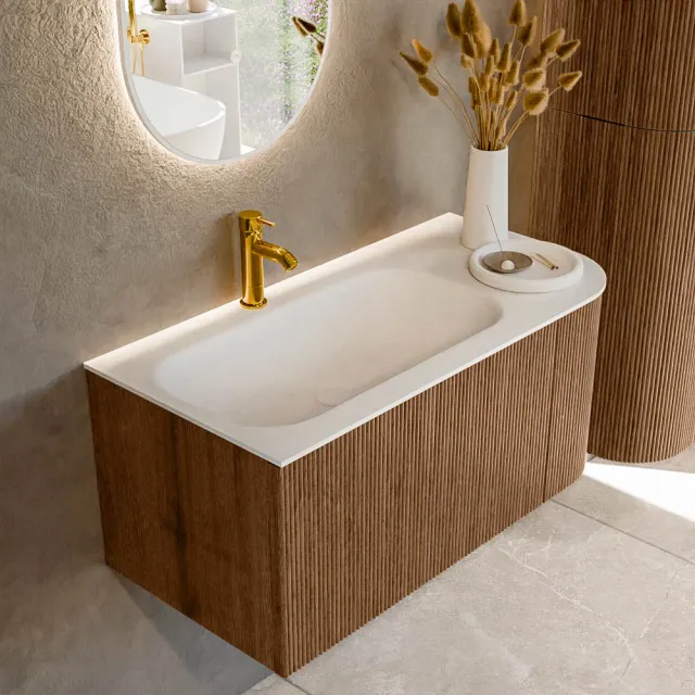 Mondiaz KURVE 95 cm Onderkast Greeploos 1 Lade Met Deuren Walnut, Wastafel Solid Surface Links Talc 1 Kraangat Zonder Spiegel (KRVBGS95R1L1D1KL-Wal/Tal)