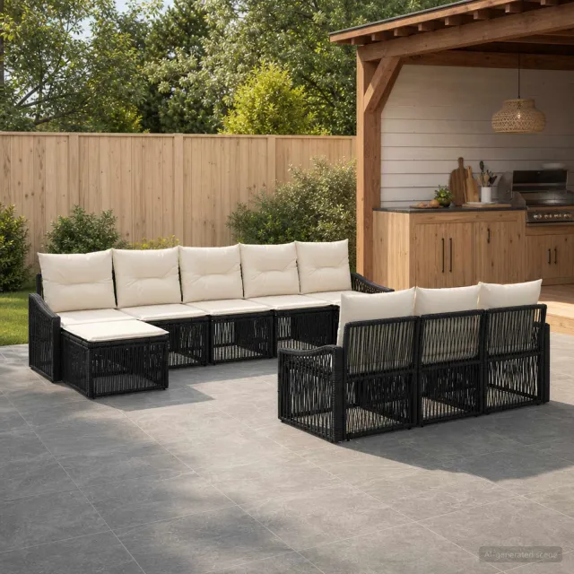 vidaXL Tuinbankenset 10 st 10-zits Zwart poly rattan