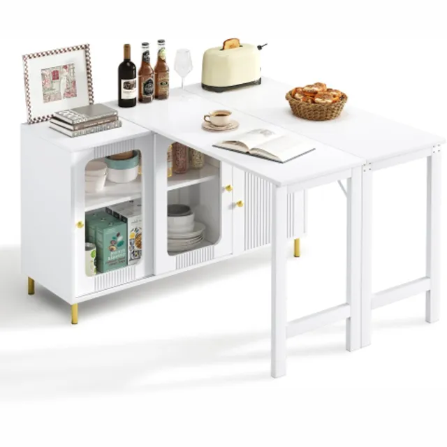 Rolipo Sideboard met Uitklapbare Tafel – 116x40x78,5 cm – Tafelblad tot 122x80 cm – Glazen Schuifdeuren – Wit/Goud Black