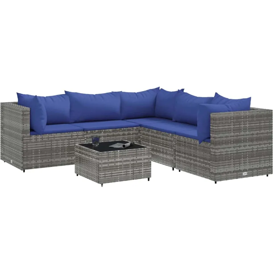 vidaXL 6-delige Loungeset met kussens poly rattan grijs, foto 3