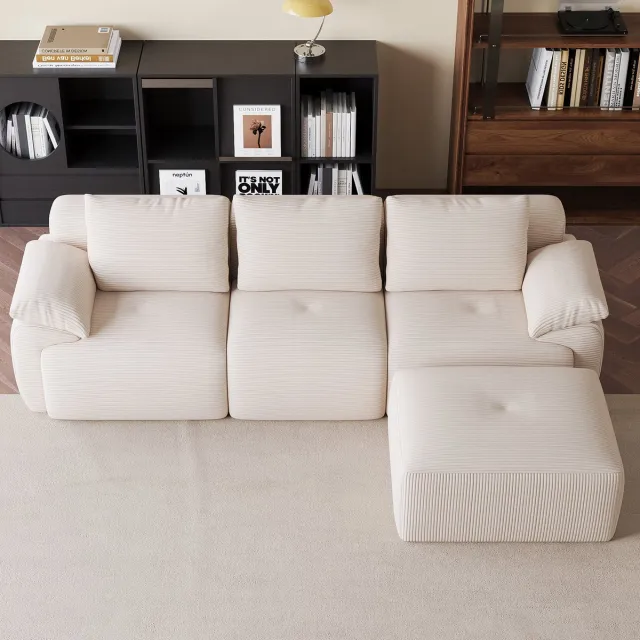 Solvenrik Modulaire Hoekbank Beige met Slaapfunctie – Ribcord Bank 3 Zits + Verplaatsbare Hocker – Luxe Lounge Bank zonder Montage