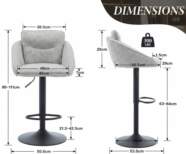 GARDEN HOUSE GARAGE Barkruk set van 2 – House&Garden Linnen Bistro Barstoelen – Verstelbare Barkruk met Rugleuning, Draaibaar en Gevoerd – Voetensteun – Keuken en Woonkamer – Grijs