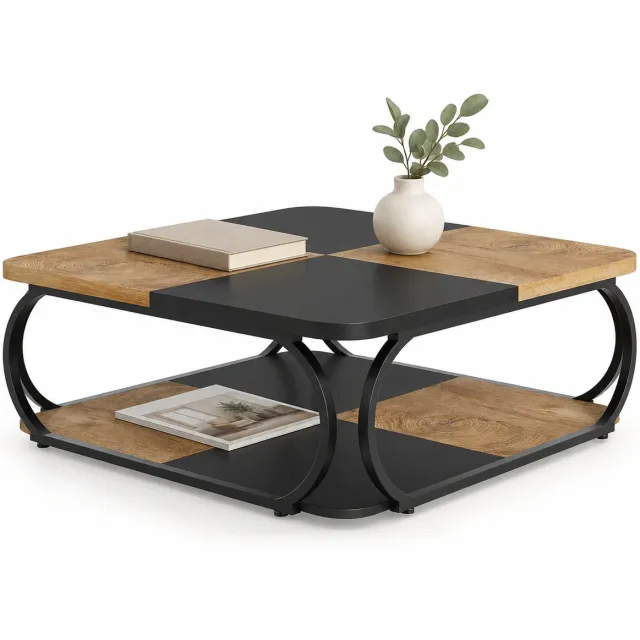 DMG Supply Salontafel - 100 x 100 x 50 cm - Vierkante Koffietafel met 2 Lagen - Bruin/Zwart - Metalen Frame