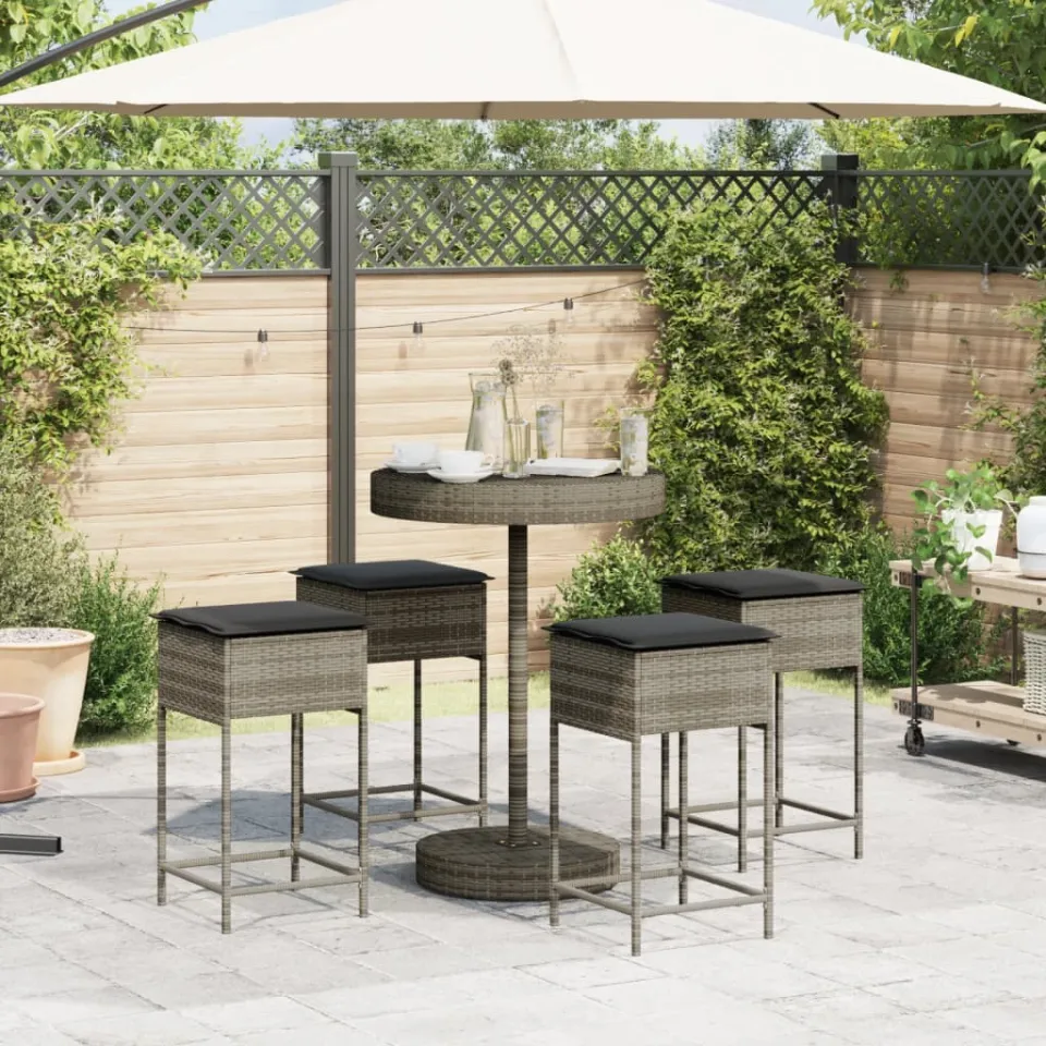 vidaXL 5-delige Tuinbarset met kussens poly rattan grijs, foto 3