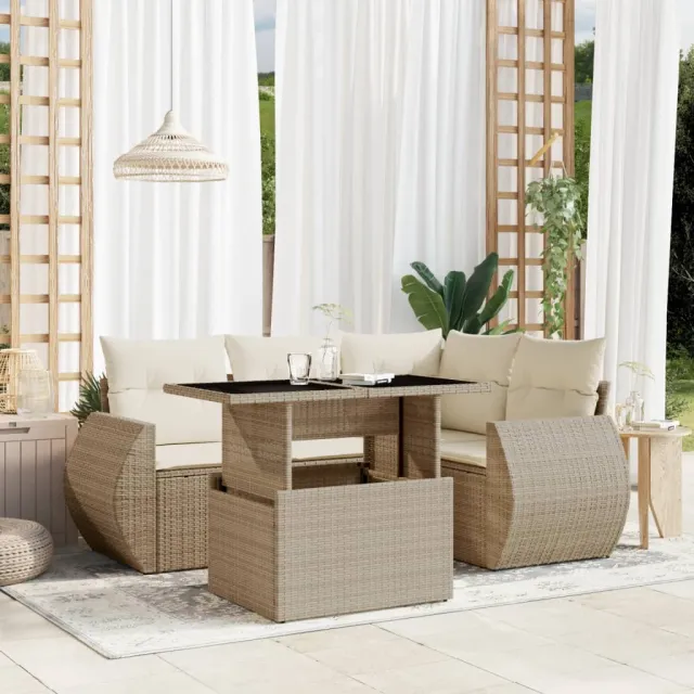 vidaXL 5-delige Loungeset met kussens poly rattan beige, foto 2