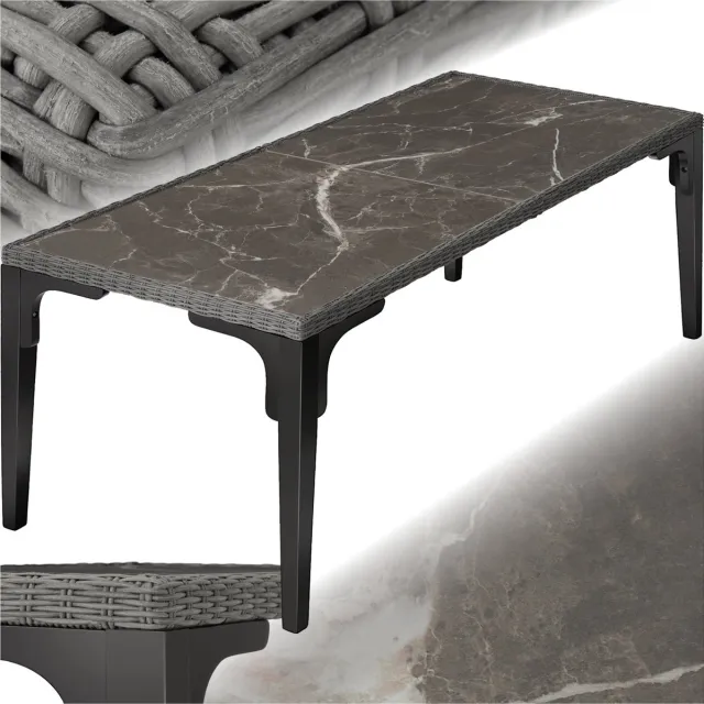Tectake Wicker vierkante tafel - Tafelblad in marmerlook - Eettafel voor buitenkeuken - Tuintafel - Modern en weerbestendig - Tafelframe van aluminium en hout - Afmetingen (LxBxH) 196 x 87 x 76 cm - Grijs