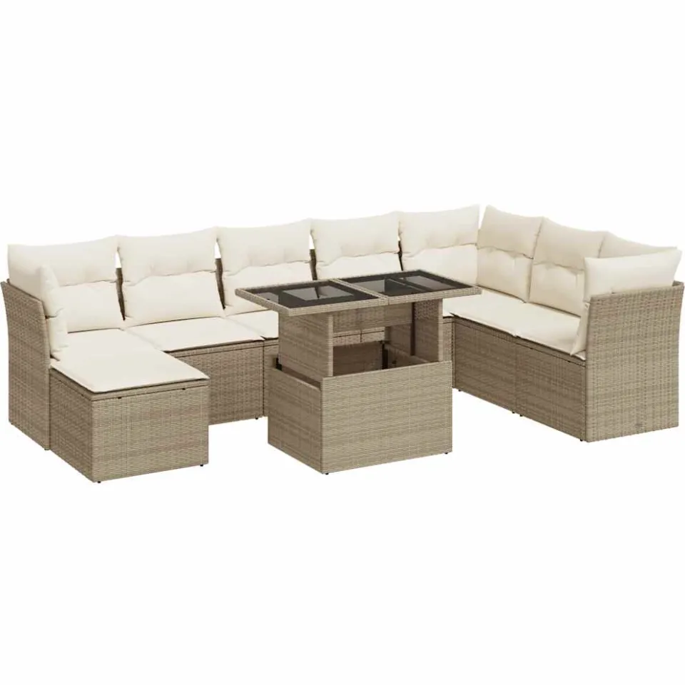 vidaXL 9-delige Loungeset met kussens poly rattan beige, foto 3