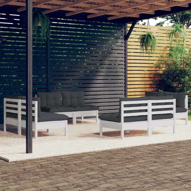 vidaXL 8-delige Loungeset met antracietkleurige kussens grenenhout Wit