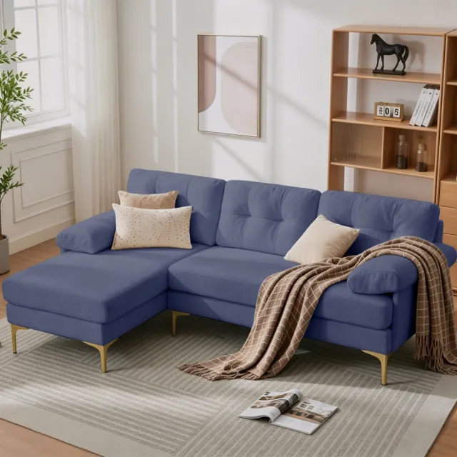 DESMIU Hoekbank 187,5 Cm - Omkeerbare Chaise Longue Links/Rechts - 3-Zits Voor Woonkamer - Hout En Chenille Blauw
