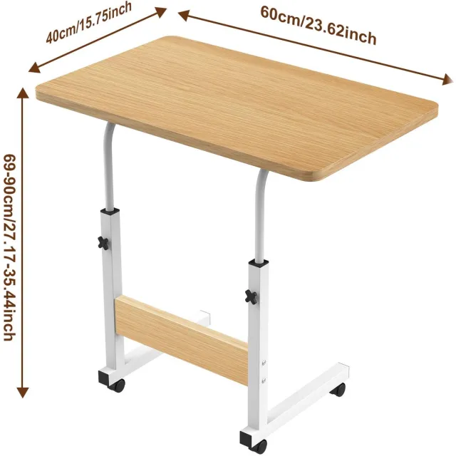 PIPIPOXER Mobiele laptoptafel, statafel, computertafel, bijzettafel, roltafel, werktafel voor kantoor, bed, bank, 60 x 40 x 69-90 cm, in hoogte verstelbaar,houtkleur