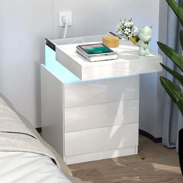 PIPIPOXER Nachtkastje met stopcontact & USB, hoogglans met 3 lades, LED verlichting in 16 kleuren - wit