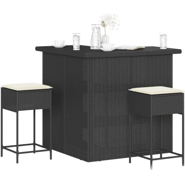 vidaXL 3-delige Tuinbarset met kussens poly rattan zwart, foto 2