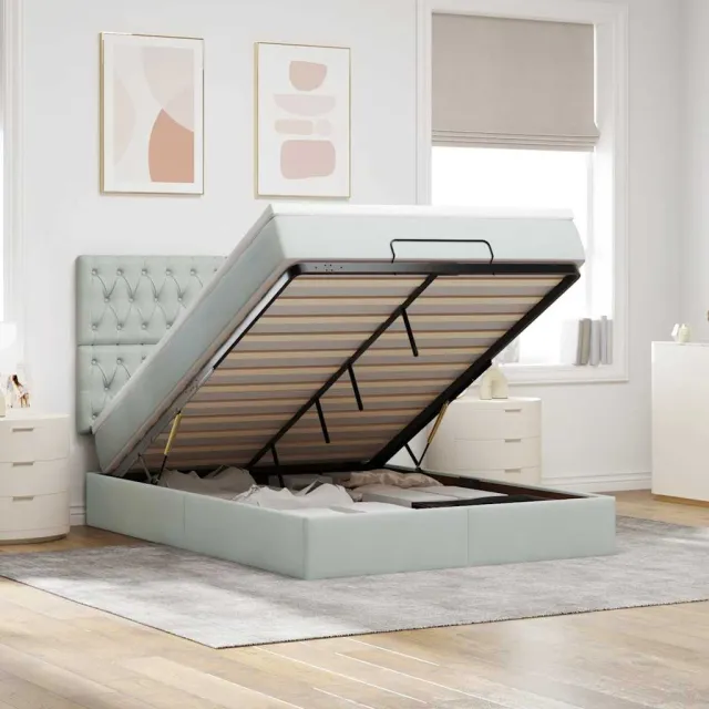 vidaXL Ottoman bed met matrassen en LED's 140x190cm fluweel lichtgrijs