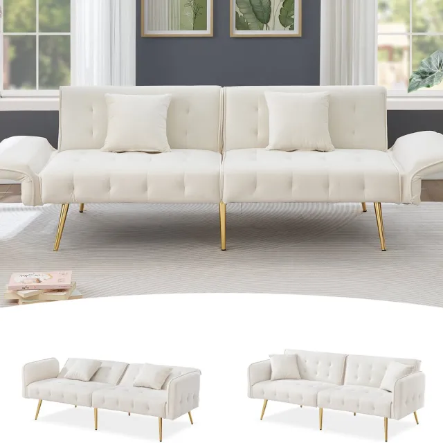 DESMIU Slaapbank 178 x 82 x 70 Cm - Verstelbare Rugleuning En 6 Standen Armleuningen - Voor Woonkamer En Kleine Ruimtes - Velours Wit Ancient White