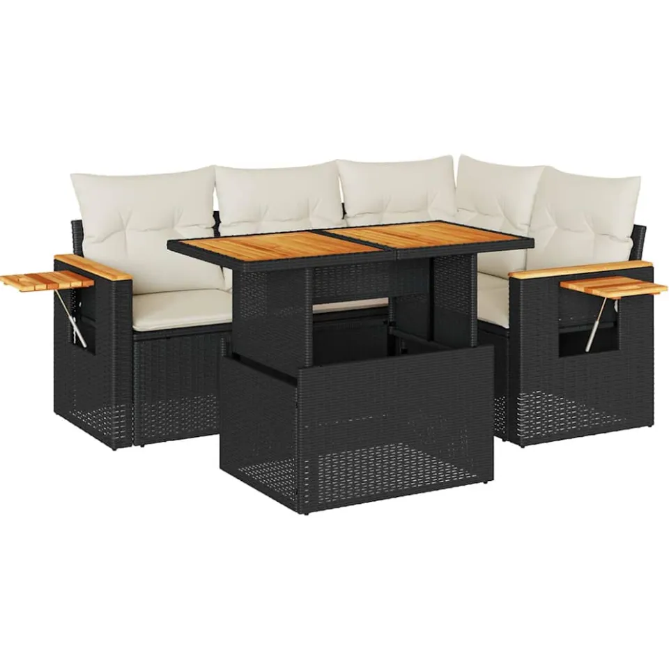 vidaXL 5-delige Loungeset met kussens poly rattan acacia zwart, foto 3
