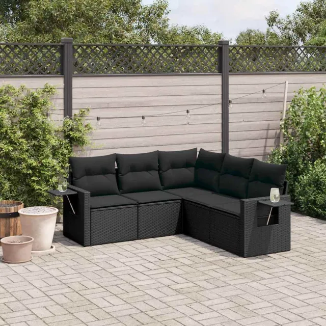 vidaXL 5-delige Loungeset met kussens poly rattan zwart, foto 2