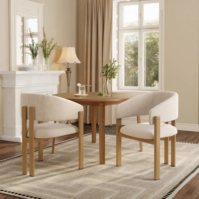 REDOM Eetkamerstoel - Met armleuningen - Metalen frame met houtlook - Gevoerde zitting van linnen - Moderne stijl - Eetkamer, woonkamer of café - Metaal en linnen - Beige en houtkleur - 83 x 61,5 cm