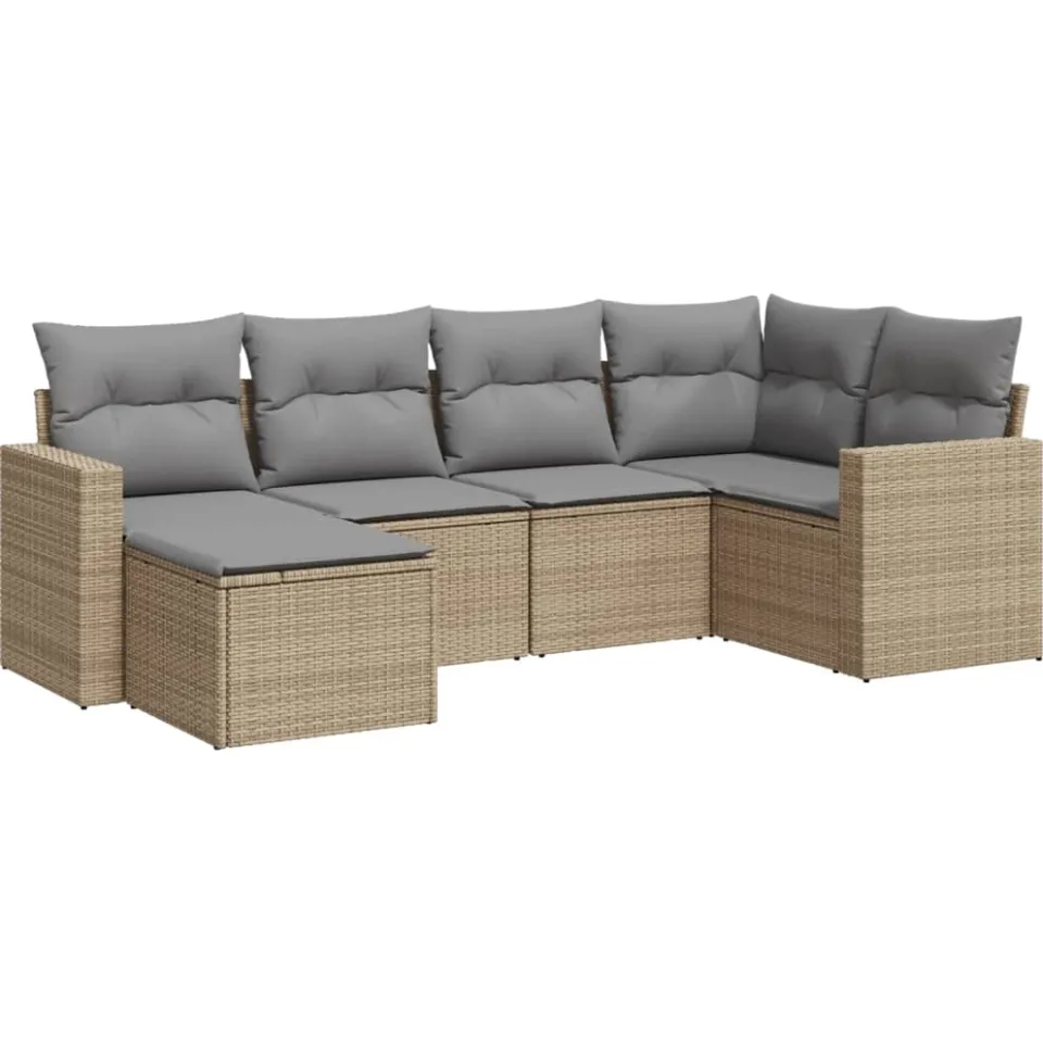 vidaXL 6-delige Loungeset met kussens poly rattan beige