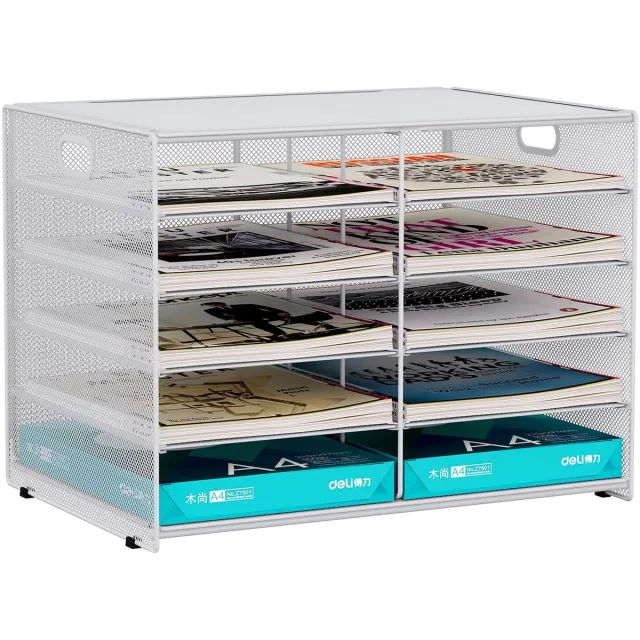 Famanu Metalen bureau organizer met 10 vakken voor A4-documenten, documenthouder en tijdschriftenhouder, wit